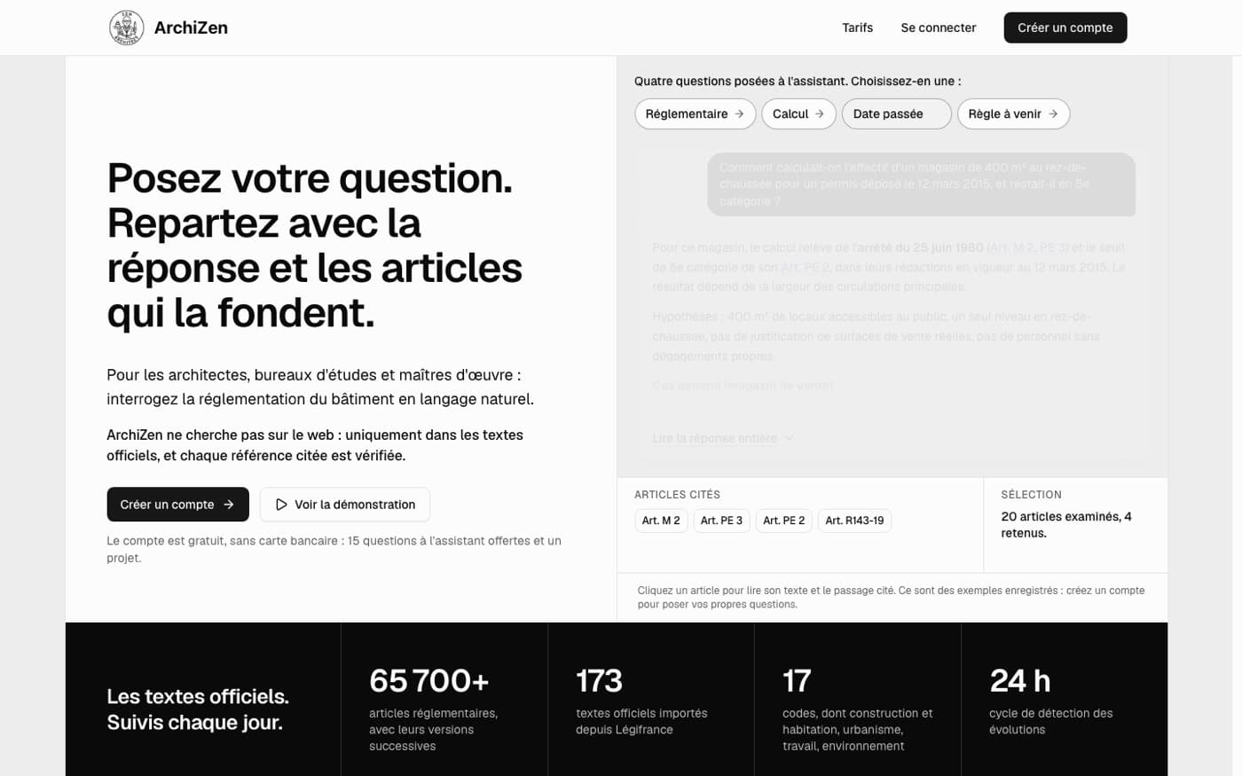 Page d'accueil d'ArchiZen : une question réglementaire, la réponse et les articles cités